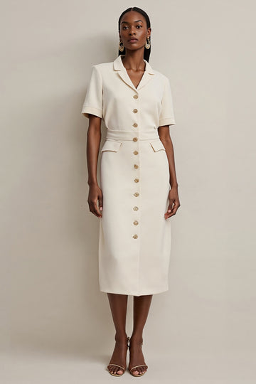 Sheath Ivory V-Neck Work Dress with Short Sleeves